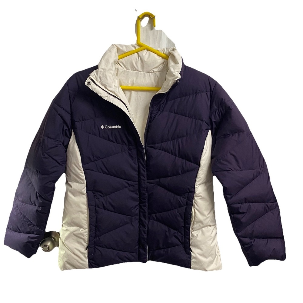 Columbia Womens Reversible Dark Purple&Cream Puffer Down Jacket Coat Sz.M EUC